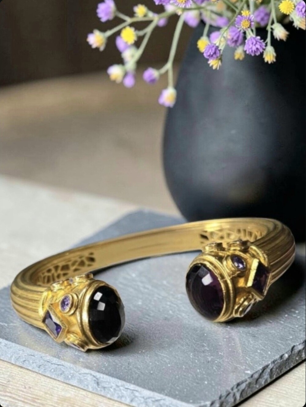 18k Gold Plated Designer Artisan Byzantine Amethyst Crystal Cuff Bangle Bracelet